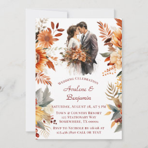 Fall Burgundy Orange Floral Bride & Groom Wedding Invitation