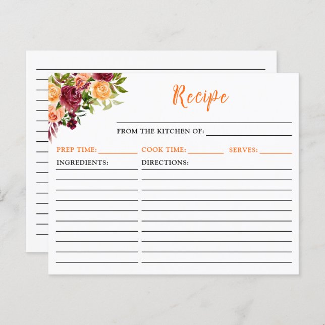 Fall Burgundy Orange Floral Recipe Card (Front/Back)
