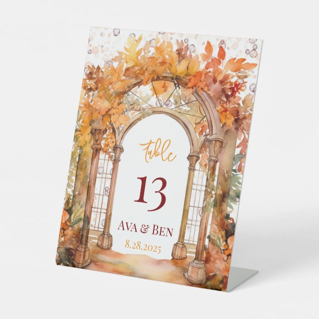 Fall Burgundy Orange Floral Wedding Table Number  Pedestal Sign (Front)
