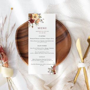 Fall Burgundy & Orange Watercolor Flowers Wedding Menu