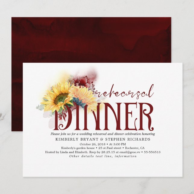 Fall Burgundy Red Yellow Floral Rehearsal Dinner Invitation (Front/Back)