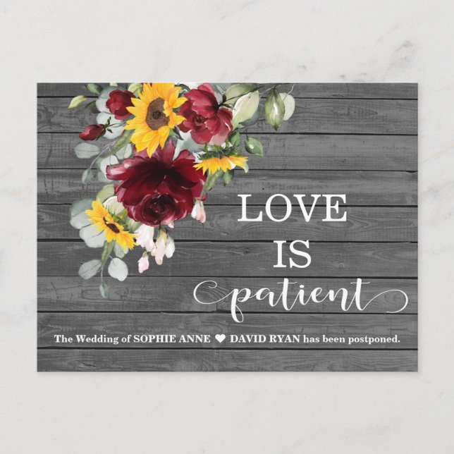 Fall Burgundy Sunflowers Barn Wedding Postponed Postcard (Front)