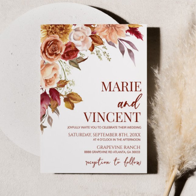 Fall Burgundy Watercolor Floral Flower Wedding Invitation (Creator Uploaded)