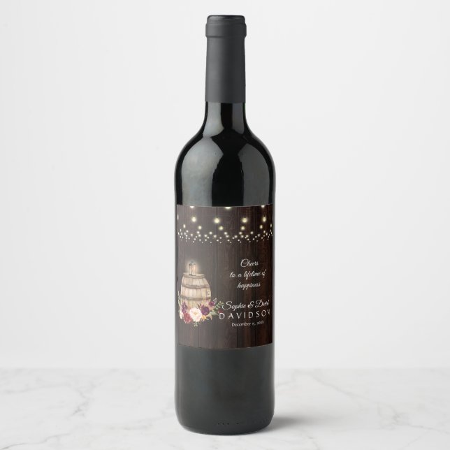 Fall Burgundy Wine Barrel Floral Barn Wedding Wine Label (Front)