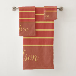 Fall Burnt Orange and Gold Last Name Striped Bath Towel Set