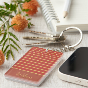 Fall Burnt Orange and Gold Last Name Striped Keychain