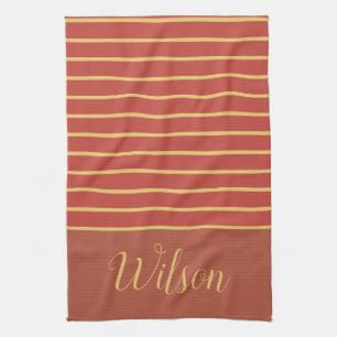 Fall Burnt Orange and Gold Last Name Striped Kitchen Towel