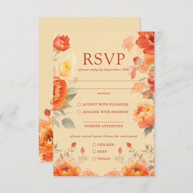 Fall Burnt Orange Floral  Wedding Response Card (Front/Back)