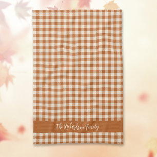 Fall Burnt Orange Gingham Autumn Plaid Custom Name Kitchen Towel