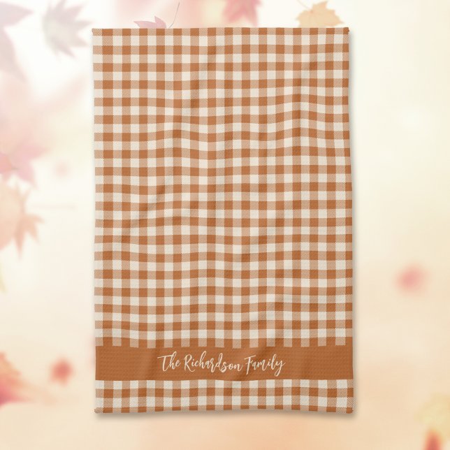 Fall Burnt Orange Gingham Autumn Plaid Custom Name Kitchen Towel (Creator Uploaded)