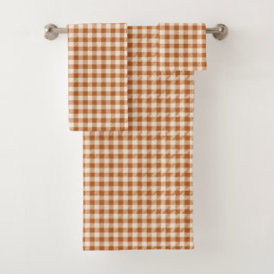 Fall Burnt Orange Gingham Pattern Autumn Plaid Bath Towel Set