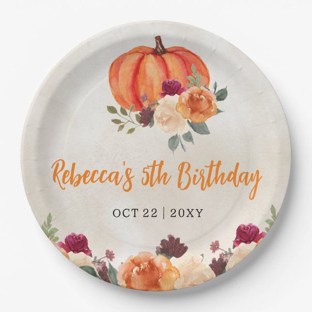 Fall Burnt Orange Pumpkin Patch Birthday Paper Plate (Front)