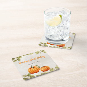 Fall Burnt Orange Pumpkin Patch Birthday Square Paper Coaster