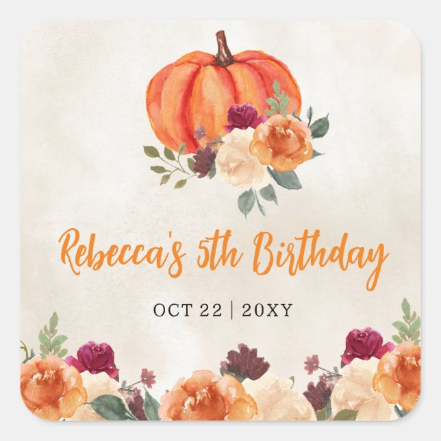 Fall Burnt Orange Pumpkin Patch Birthday Square Sticker (Front)