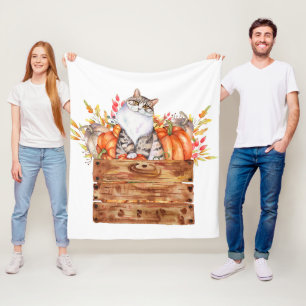 Fall cat and pumpkins in box  fleece blanket