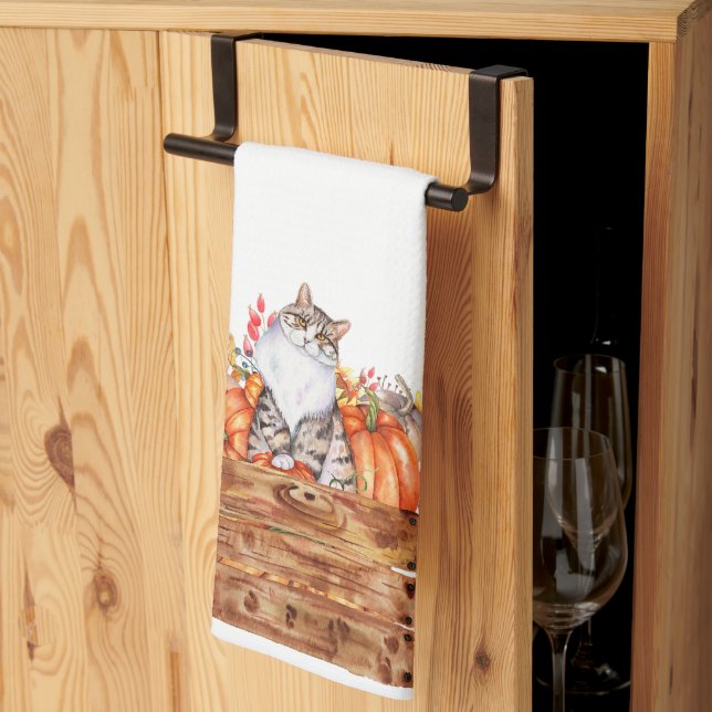 Fall cat and pumpkins in box  kitchen towel (Thirds Fold)