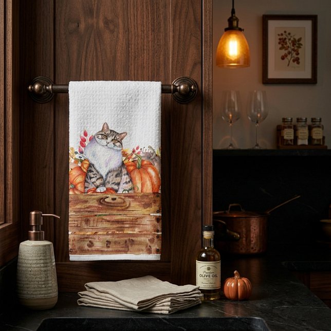 Fall cat and pumpkins in box  kitchen towel (Creator Uploaded)