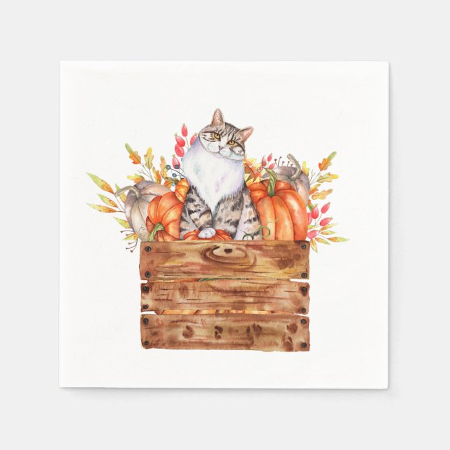 Fall cat and pumpkins in box  napkin (Front)