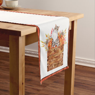 Fall cat and pumpkins in box  short table runner