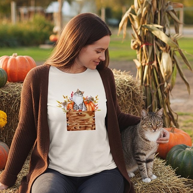 Fall cat and pumpkins in box  T-Shirt (Creator Uploaded)