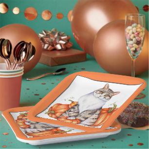Fall cat and pumpkins paper plate
