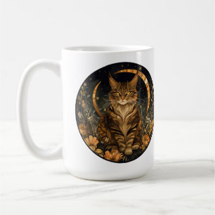 Fall cat moon golden flowers coffee mug