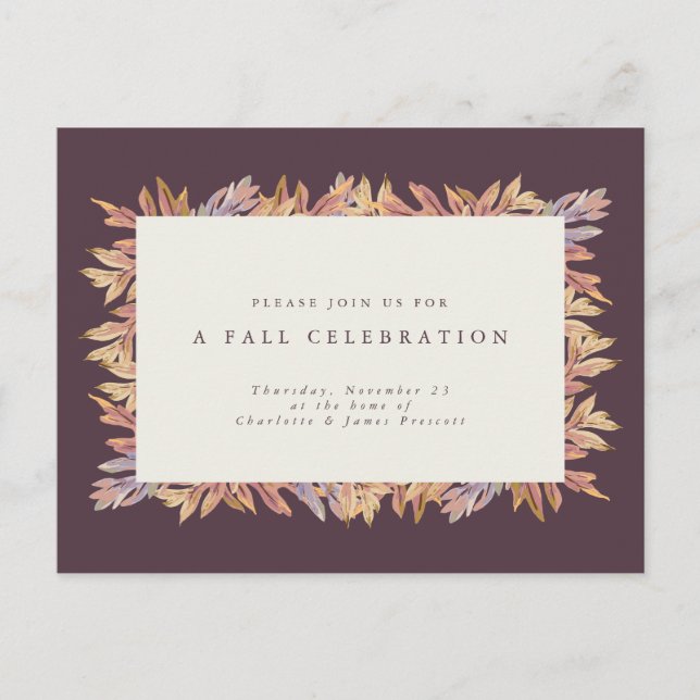 Fall celebration autumn leaves simple plum invitation postcard (Front)
