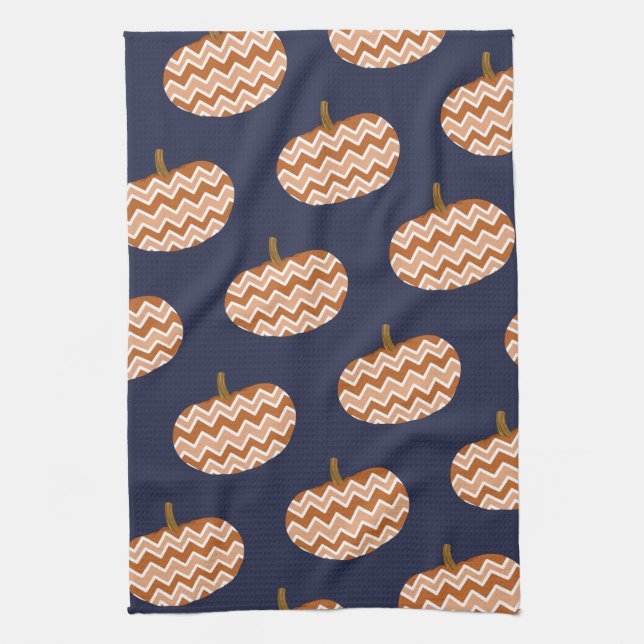 Fall Chevron Pumpkins & Navy Kitchen Towel (Vertical)