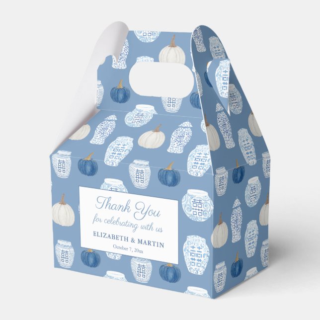 Fall Chinoiserie Blue Pumpkins Wedding Shower Favor Box (Front Side)