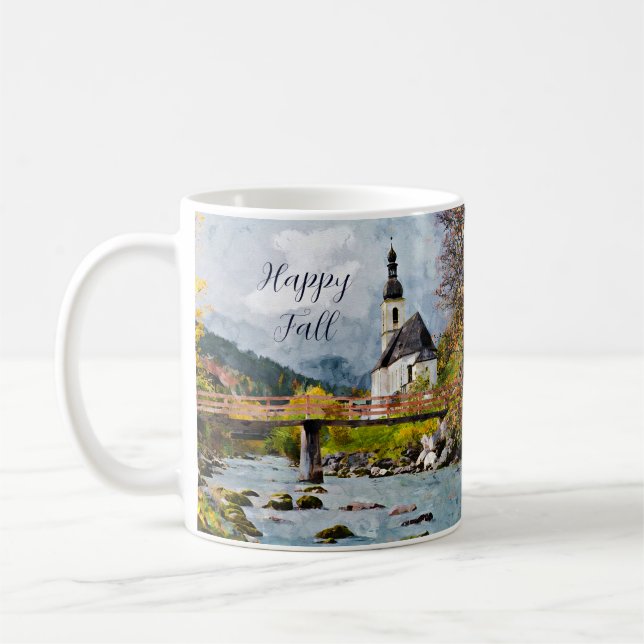 Fall church and trees with customizable text  coffee mug (Left)