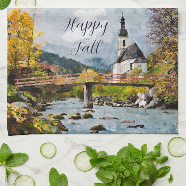 Fall church and trees with customizable text  kitchen towel (Folded)