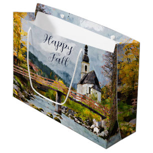 Fall church and trees with customizable text  large gift bag
