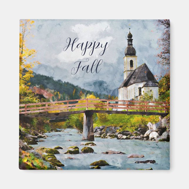 Fall church and trees with customizable text  magnet (Front)