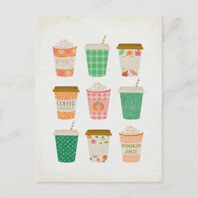 Fall Coffee Cups | Autumn Pumpkin Spice Latte  Postcard (Front)