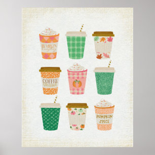 Fall Coffee Cups   Autumn Pumpkin Spice Latte  Poster