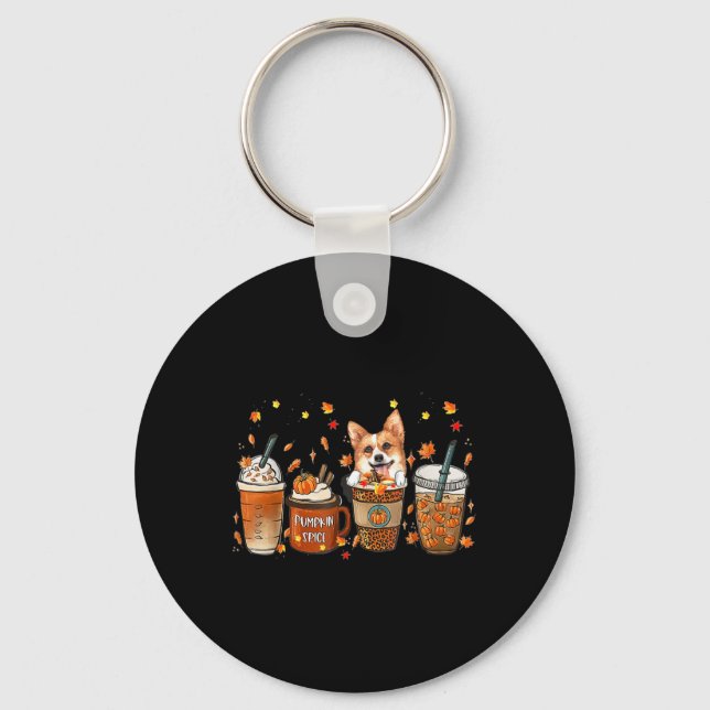 Fall Coffee Pumpkin Spice Latte Iced Autumn Corgi  Keychain (Front)