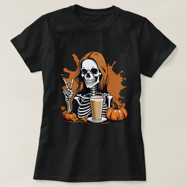 Fall Coffee Skeleton Halloween T-Shirt (Design Front)