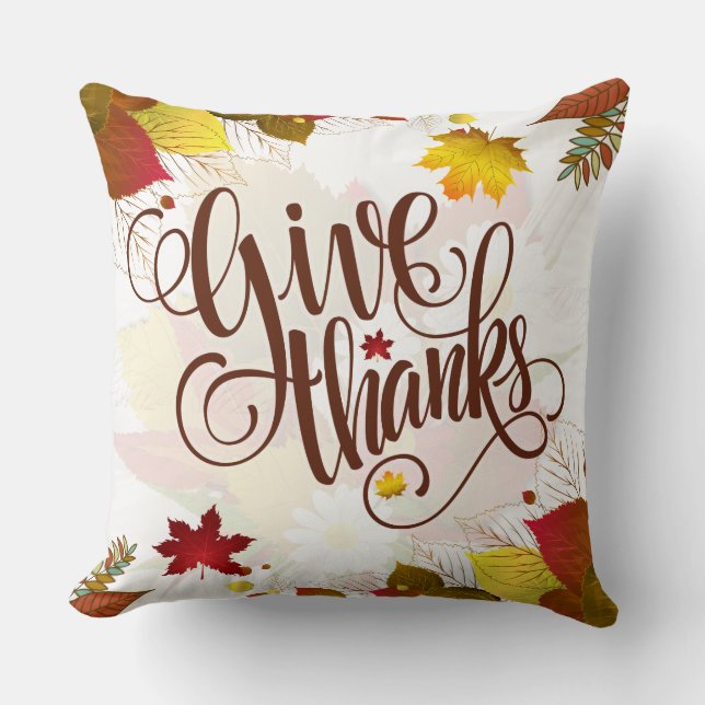Fall Colour Leafs & Give Thanks Elegant Text Throw Pillow (Front)