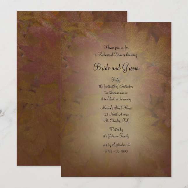 Fall Coloured Maple Leaves Wedding Rehearsal Dinne Invitation (Front/Back)