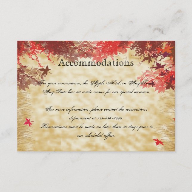 Fall Colours: Burgundy and Red Wedding Hotel Inser Enclosure Card (Front)