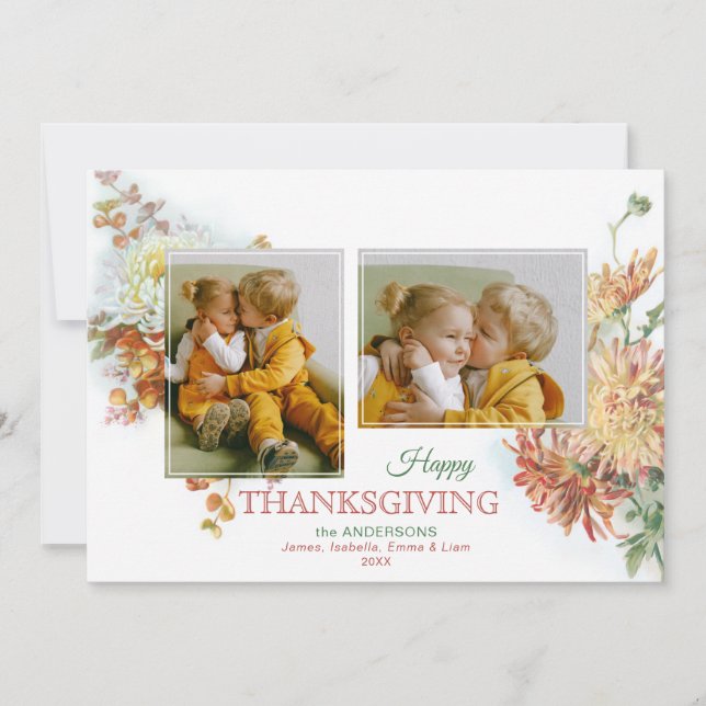 Fall Colours Floral Thanksgiving 2-Photo Holiday Card (Front)