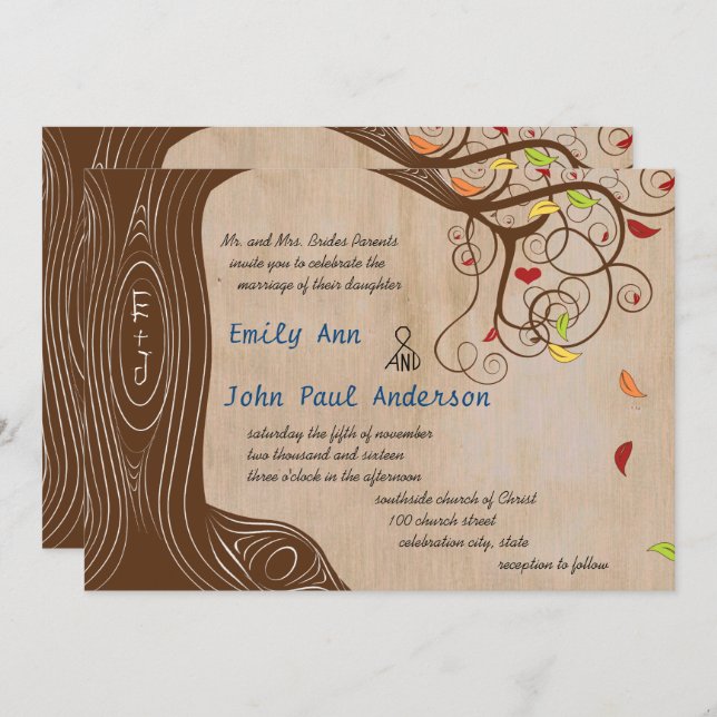 Fall Colours Forest Initials in Tree Wedding Invit Invitation (Front/Back)