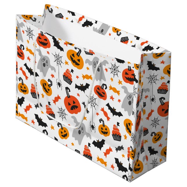 Fall colours Halloween symbols pattern on white Large Gift Bag (Front Angled)