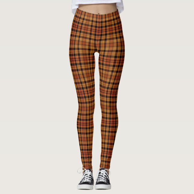 Fall Colours Orange Brown Plaid Leggings (Front)