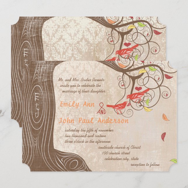 Fall Colours Tree on Vintage Damask Wedding Invite (Front/Back)