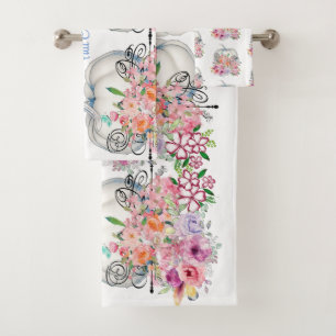 Fall Colours White Pumpkin Watercolor Floral Autum Bath Towel Set