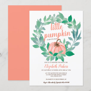 Fall coral floral pumpkin watercolor baby shower invitation
