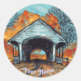Fall Covered Bridge custom name round sticker