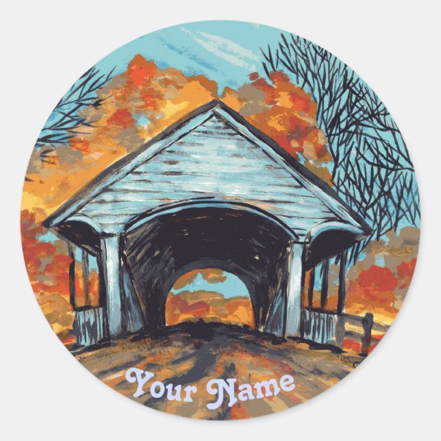 Fall Covered Bridge custom name round sticker (Front)