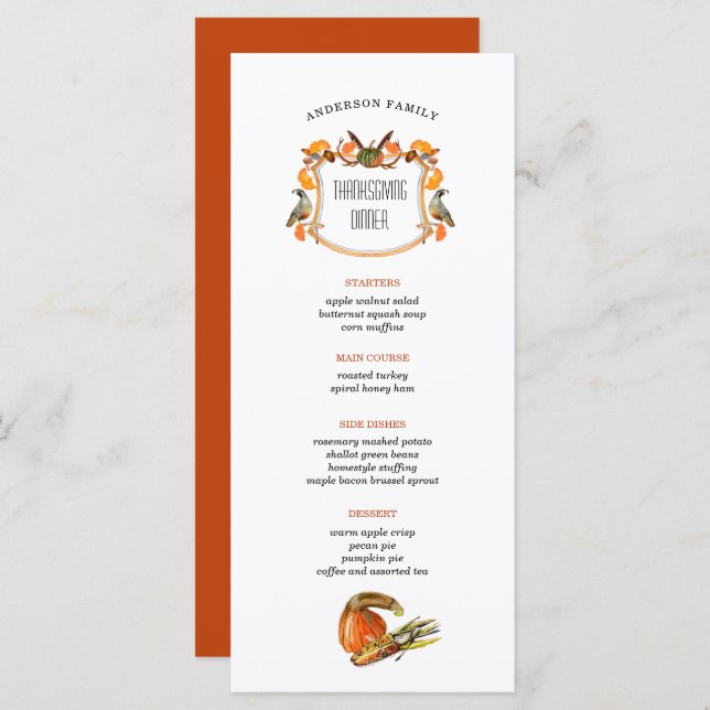 Fall Crest Thanksgiving dinner menu (Front/Back)